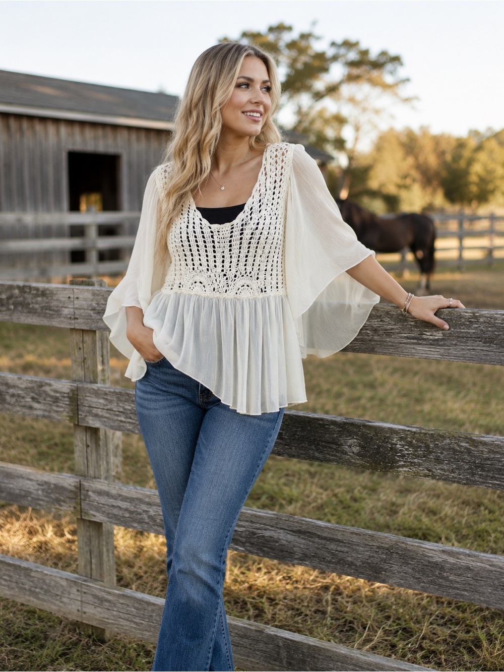 Classics Boho Crochet PeasantIvory Sheer Bell Sleeve Cottagecore Blouse by Venus - Picture 1 of 3